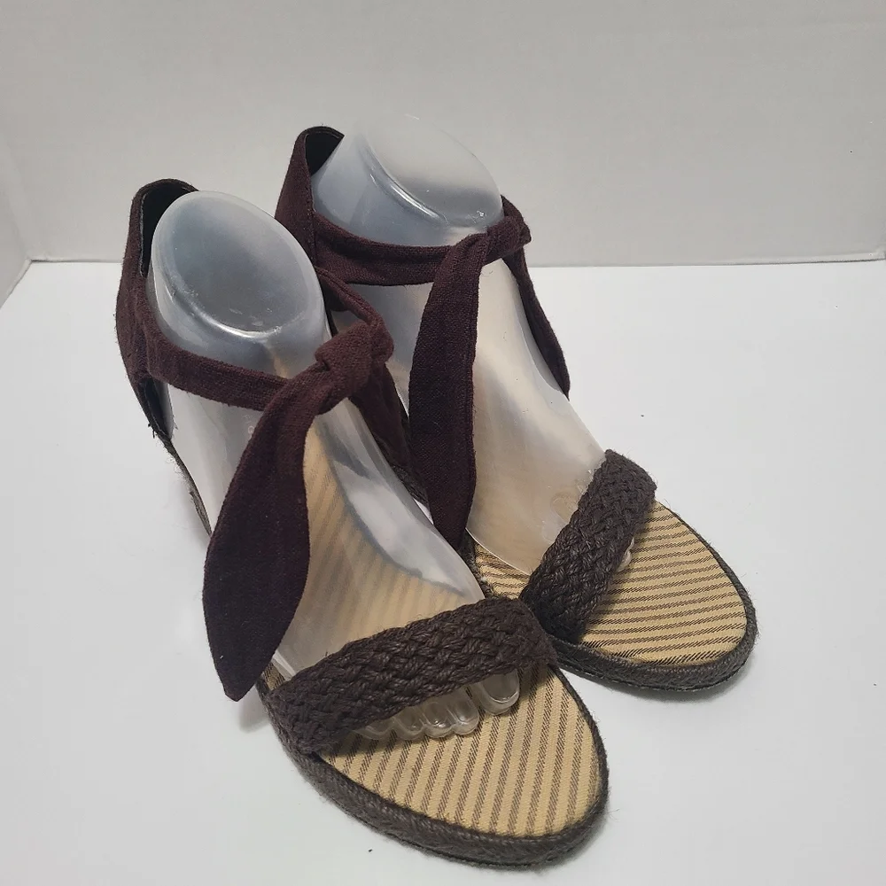 Tommy Hilfiger Open Toe Ankle Tie Wrap Brown  Wedge‎ Sandal Womens Size 11